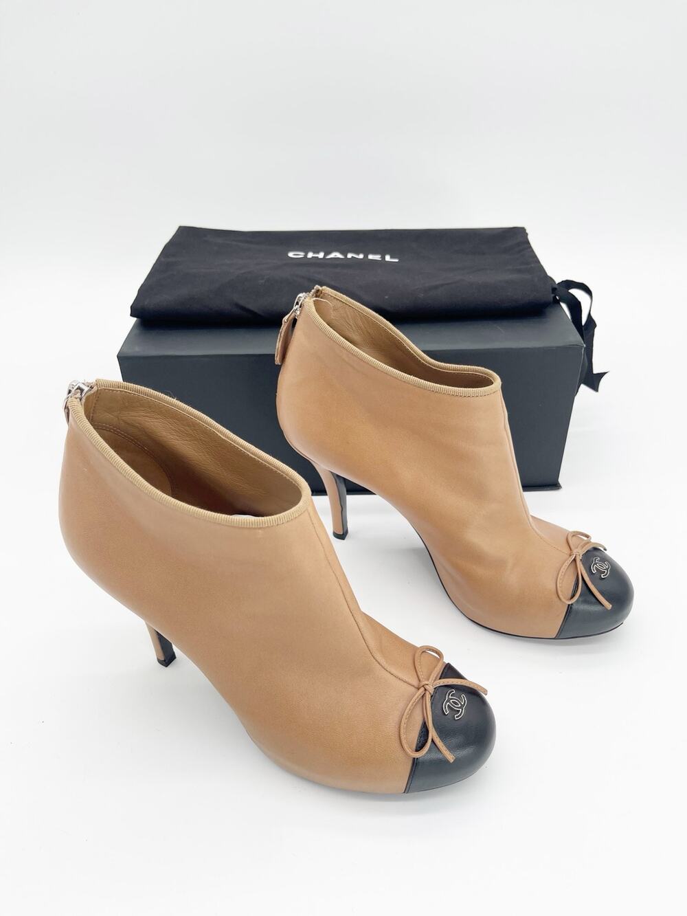 Chanel Tan and Black Leather Cap Toe Bow CC Logo Stiletto Ankle Booties EU 39.5